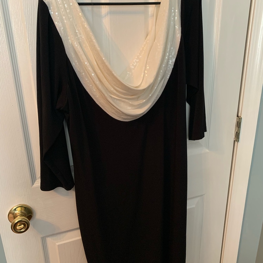 EUC formal Calvin Klein Black and White shift style dress sequined cowl collar.